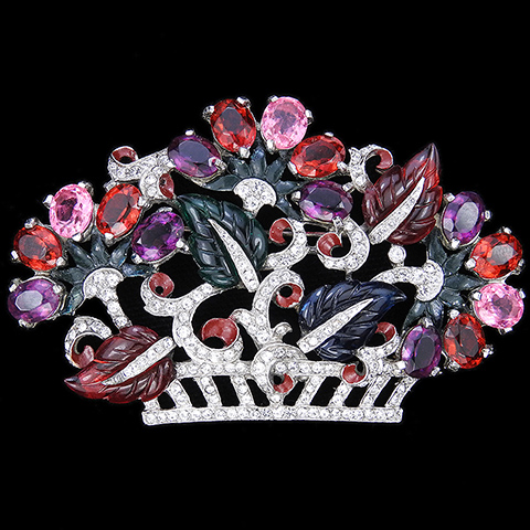 Mazer Pave Amethyst Pink Topaz Ruby and Enamel Flowers Tricolour Fruit Salad Leaves Flower Basket Pin