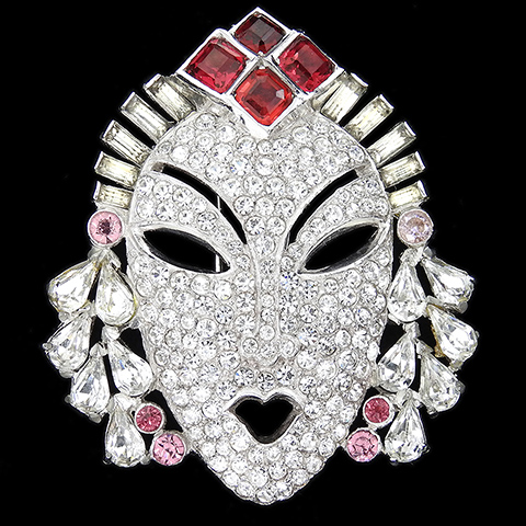 Mazer Pave Baguettes Rubies and Pink Topaz Deco Face Mask Pin Clip