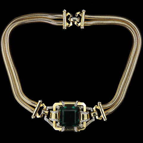 Mazer Deco Gold Pave and Square Cut Emerald Choker Necklace