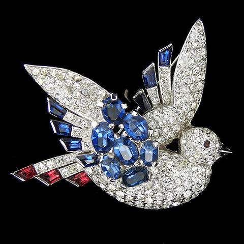 Mazer Pave Pale and Dark Sapphire and Ruby Trapezoid Stones Flying Bird Pin