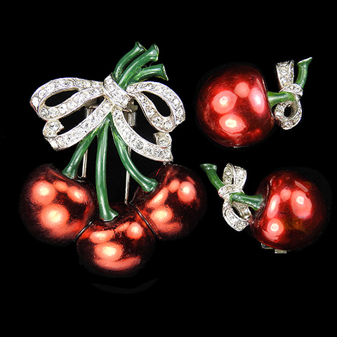 Mazer Pave and Metallic Enamel Three Cherries with Bow Pin Clip and Clip Earrings Set