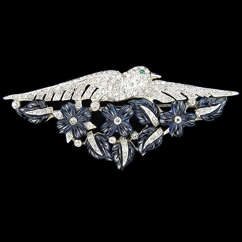Mazer Pave Bird with Outstretched Wings Flying over Sapphire Fruit Salad Flowers and Leaves Pin