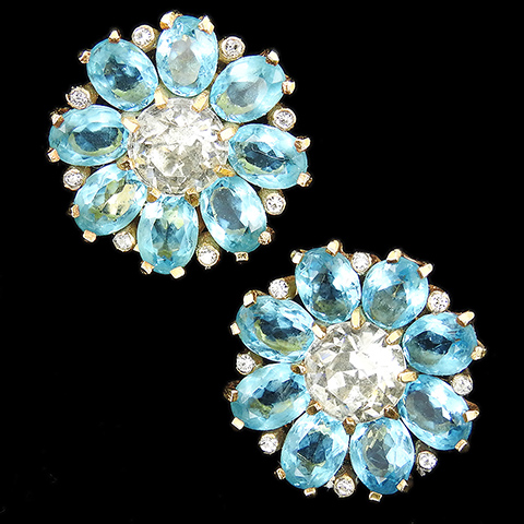 Mazer Gold Diamante Chaton and Aquamarines Flower Button Clip Earrings