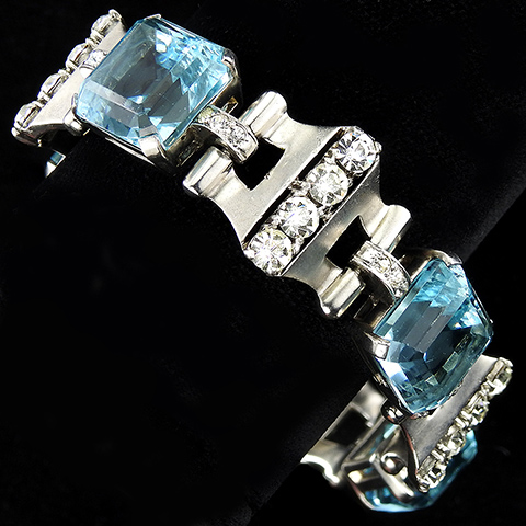 Mazer Sterling Silver Pave and Square Cut Aquamarines Bracelet