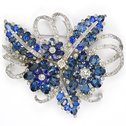 Mazer Pave and Sapphires Three Flowers and Leaves Floral Bow Swirl Pin