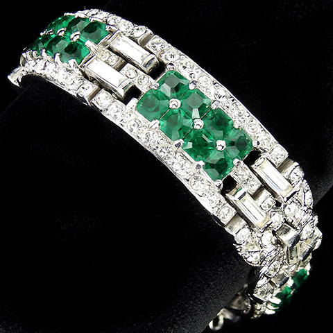 Mazer Pave Baguettes and Gallery Set Emeralds Deco Link Bracelet