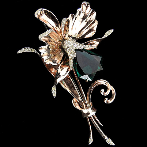 Mazer (?) Sterling Yellow Gold and Kite Shaped Emerald Orchid Flower Floral Spray Pin