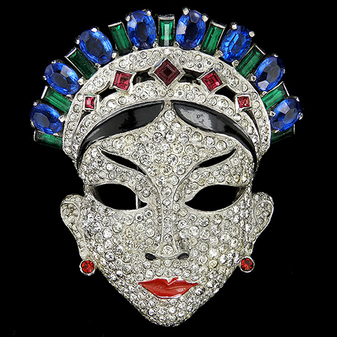 Mazer Pave Sapphire Ruby and Emerald Baguettes Oriental Queen with Tiara Face Mask Pin Clip