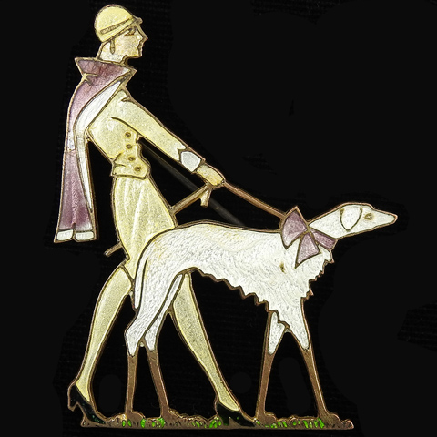 Deco Flapper Lady with Scarf and Cloak Walking a Borzoi Dog wearing a Bow Pin
