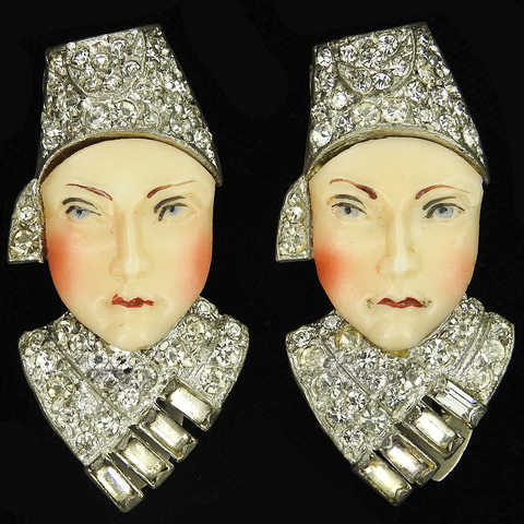 Deco Pave Baguettes and Enamelled Porcelain Pair of Russians Wearing Hats Face Dress Clips