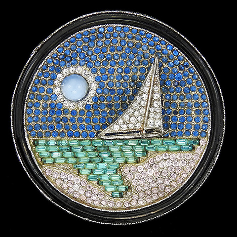 Deco Sapphire Aquamarine Blue Moonstone and Enamel Moon on the Water with Pave Yacht in the Moonlight Circular Scene Pin