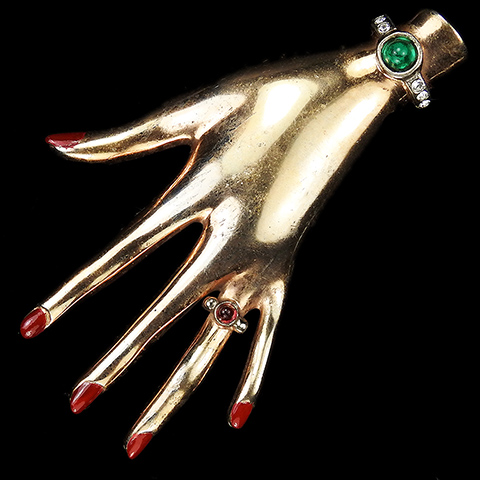 Deco Sterling Golden Left Hand with Red Nails and Cabochon Bracelet and Finger Ring Pin