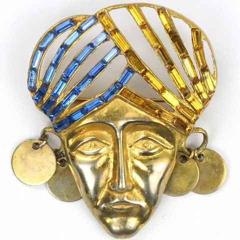 Deja Gold Baguettes and Multiple Disc Earrings  'Indian Mask' with Turban Pin