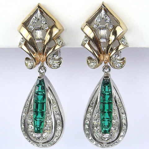 Reja Gold Pave and Invisibly Set Emeralds Pendant Teardrop Clip Earrings