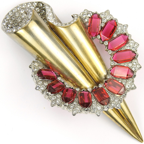 Reja Gold and Pave Swirl Deco Shaft of Light with Pave and Ruby Halo Pin