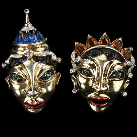 Reja Sterling Gold Pave Metallic Enamel Sapphires and Citrines 'Balinese Masks' Pair of King and Queen Face Mask Pins