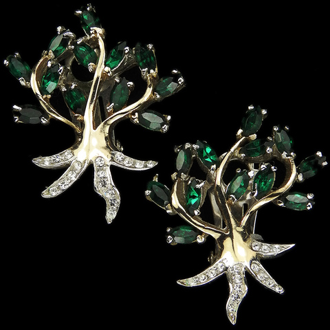 Reja Gold and Pave Willow Tree with Emerald Leaves Clip Earrings