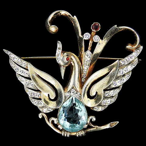Reja Sterling Pave and Aquamarine Lyre Bird of Paradise or Phoenix Pin