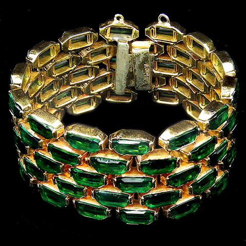 DeRosa Gold and Open Set Emeralds Five Links Wide Articulated Bracelet
