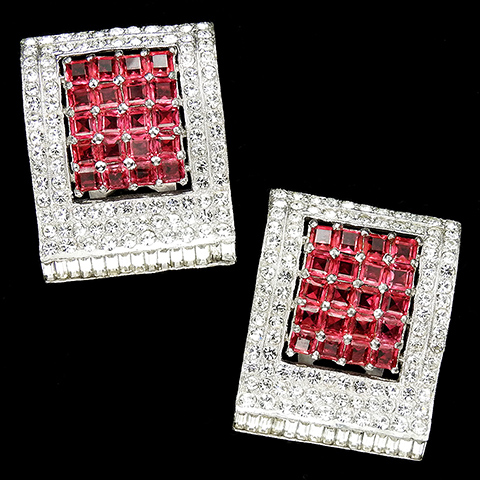 DeRosa Pave Baguettes and Square Cut Rubies Openwork Pair of Deco Shield Dress Clips