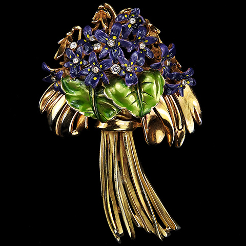 DeRosa Gold and Metallic Enamel Violets and Green Leaves Flower Spray Pin