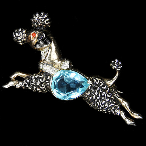 Reja Sterling Gold Enamel and Teardrop Aquamarine Galloping French Poodle Dog Pin