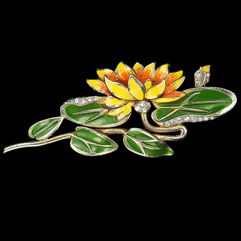 Deja Original Gold Pave and Enamel Water Lily and Lily Pads Flower Pin