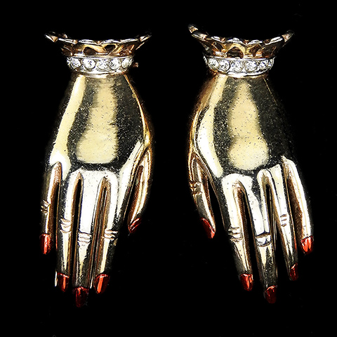 Reja Sterling Gold and Red Enamel Matched Pair of Right and Left Hand Pin Clips