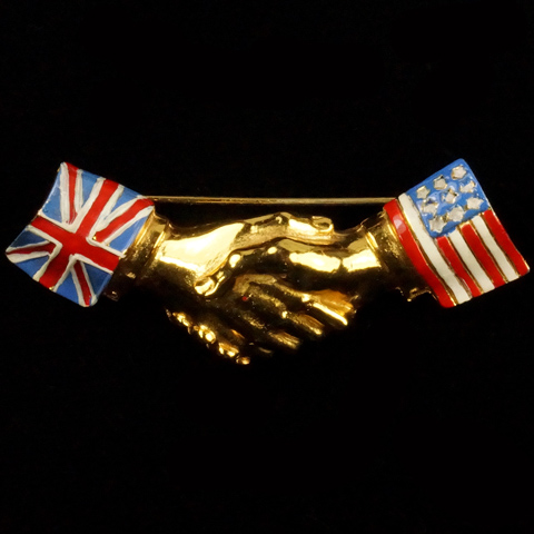 Coro (unsigned) WW2 US and British Patriotic Gold and Enamel Union Jack and Stars and Stripes Flags Handshake Pin