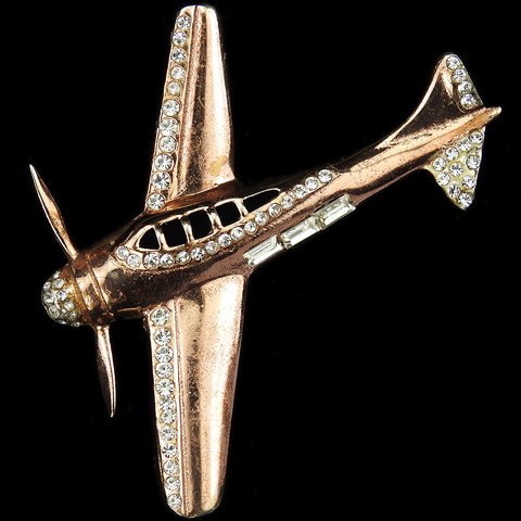 Sterling WW2 US Patriotic Gold Pave and Baguettes Fighter Airplane Pin