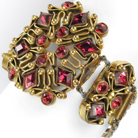 Sandor Moghul Style 'Heirloom Collection' Gold Chains and Diamond Shaped Rubies Three Element Hexagon Bracelet