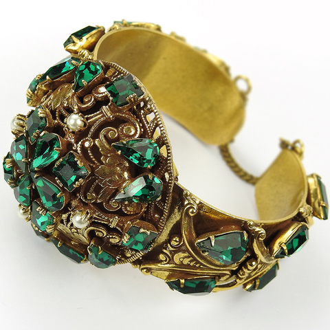 Sandor (unsigned) Gold Emeralds and Pearls Sprung and Hinged Bangle Bracelet