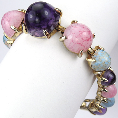 Schiaparelli (unsigned) Gold Marbled Turquoise Dark Amethyst and Pink Quartz Graduated Cabochons Bracelet