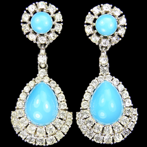 Ciner Pave and Teardrop Turquoise Cabochons Pendant Clip Earrings