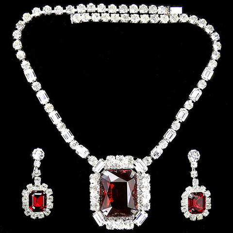 Christian Dior by Kramer 'Shadow Box' Pave and Table Cut Ruby Pendant Necklace and Pendant Clip Earrings Set