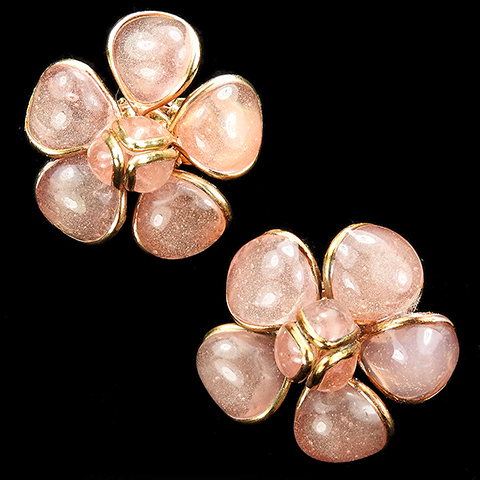 Gripoix for Chanel Pink Poured Glass Petals Flower Clip Earrings