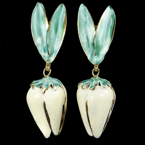 Sandor Enamelled Leaves and Pendant White Buds Clip Earrings