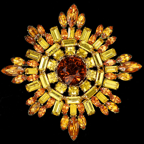 Schreiner Citrine Topaz and Dark Topaz Navettes Circular Cross, Star Insignia or Snowflake Pin