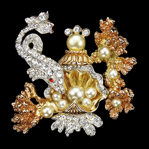 Christian Dior by Kramer Gold Pave and Pearls Coral Fish and Seashell Undersea Scene Pin