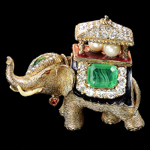 Ciner Gold Pave Enamel and Pearls Elephant with Howdah and Pendant Heart Pin
