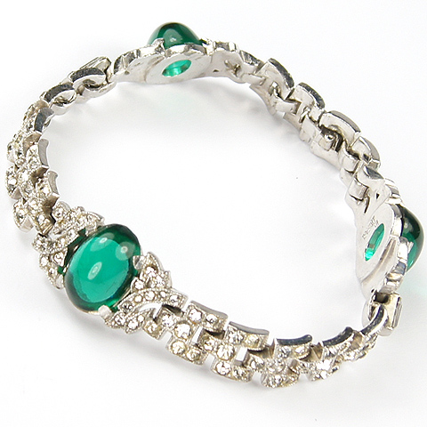 Trifari 'Alfred Philippe' Deco Pave and Emerald Cabochons Link Bracelet