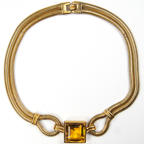 Trifari 'Alfred Philippe' Gold Square Cut Citrine and Knotted Gaspipes Necklace