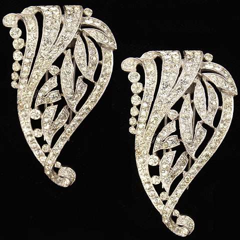 Trifari 'Alfred Philippe' Pair of Deco Pave Leaf Scroll Pin Clips