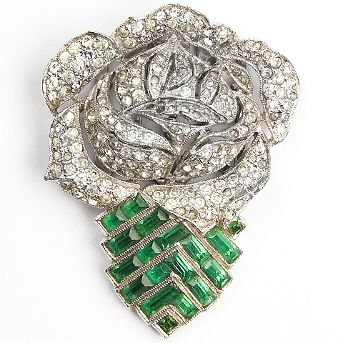 KTF Trifari 'Alfred Philippe' Pave Sculpted Openwork Rose on Invisibly Set Emerald Chevron Deco Stylized Leaf Dress Clip