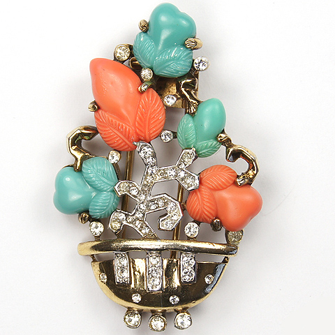 Trifari 'Alfred Philippe' 'Fragonard' Gold Pave and Spangles Coral Jade and Turquoise Fruit Salad Flower Basket Pin Clip
