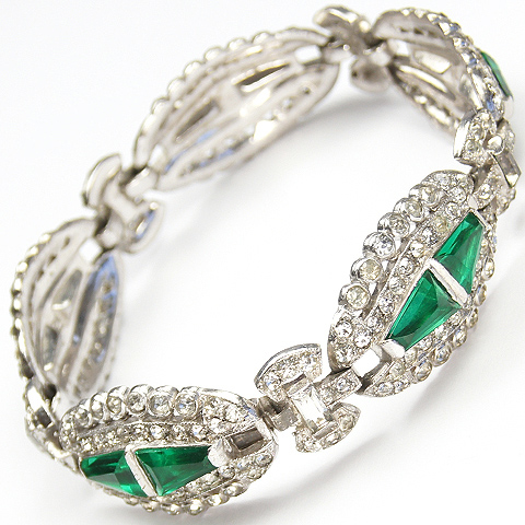KTF Trifari 'Alfred Philippe' Trapezoid Cut Emeralds and Pave Deco Link Bracelet