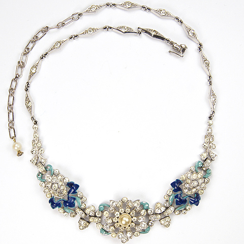 Trifari 'Alfred Philippe' Pave Pearl and Blue Enamel Flowers and Leaves Necklace