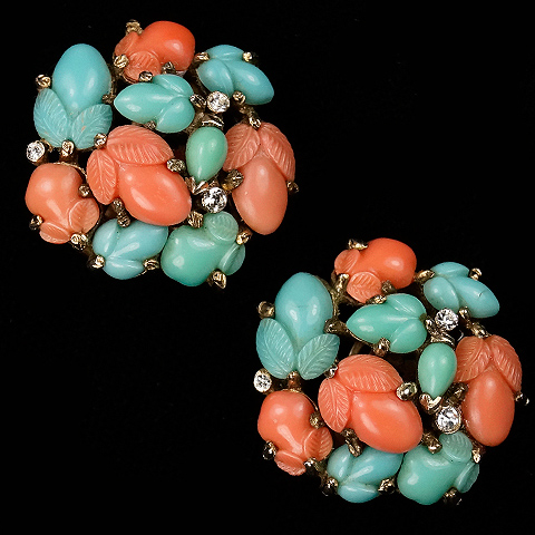 Trifari 'Alfred Philippe' 'Fragonard' Gold Coral Jade and Turquoise Pastel Fruit Salads Larger (10 Fruit Salads) Button Clip Earrings