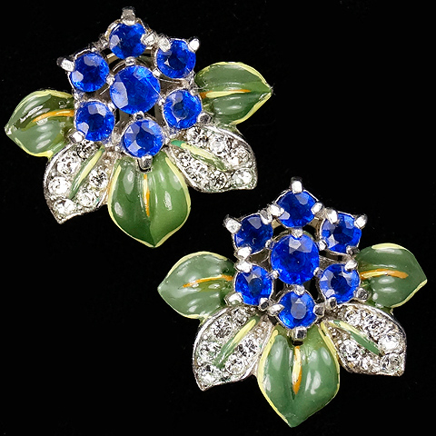 Trifari 'Alfred Philippe' Hexagonal Sapphire Flower and Pave and Green Enamel Leaves Clip Earrings
