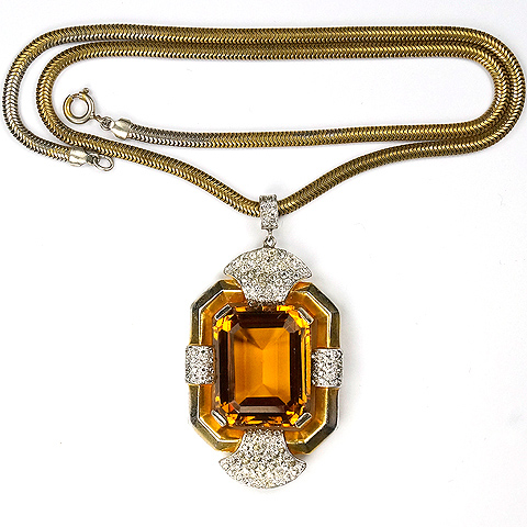 Trifari 'Alfred Philippe' Gold Pave and Citrine 'Doorknocker' Pendant Necklace